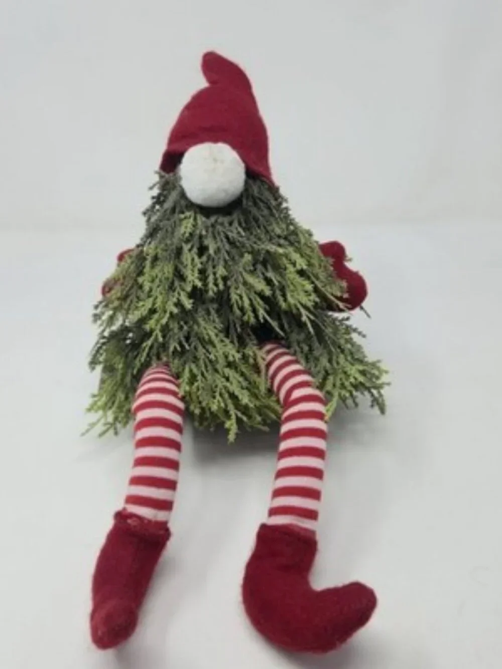 ​Ganz Christmas Gnome Shelf Sitter Red Striped Dangle Legs Pine Needle Beard